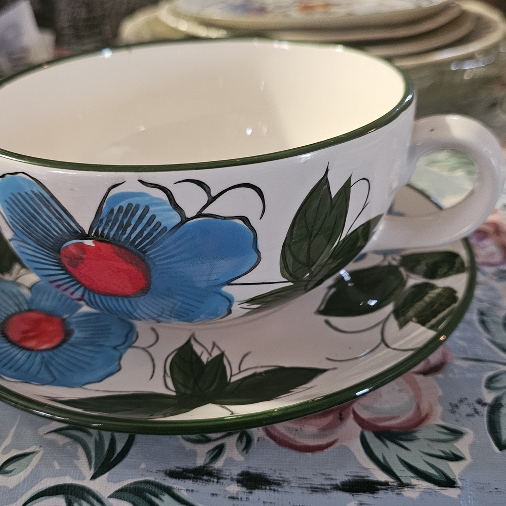 Blue Floral Ceramic Teacup and Saucer - Hand-Painted Design